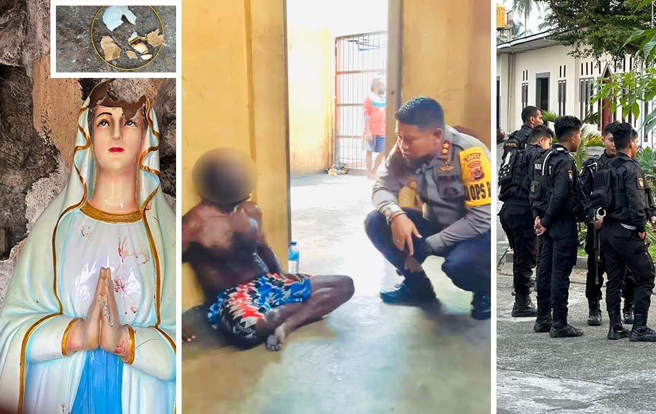 Kapolres Mimika AKBP I Gede Putra sedang menginterogasi pelaku perusakan patung Bunda Maria di Katedral Tiga Raja, Jumat (27/10/2023).